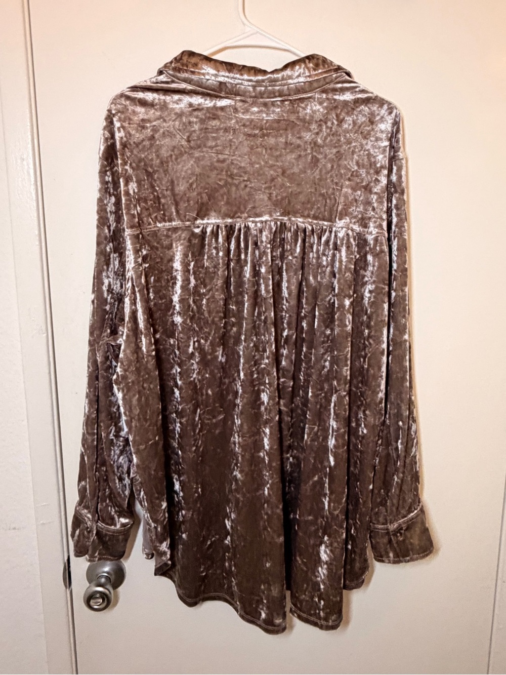 Jessica Simpson Crushed Velvet Button-Down Top in Taupe - Picture 2 of 4